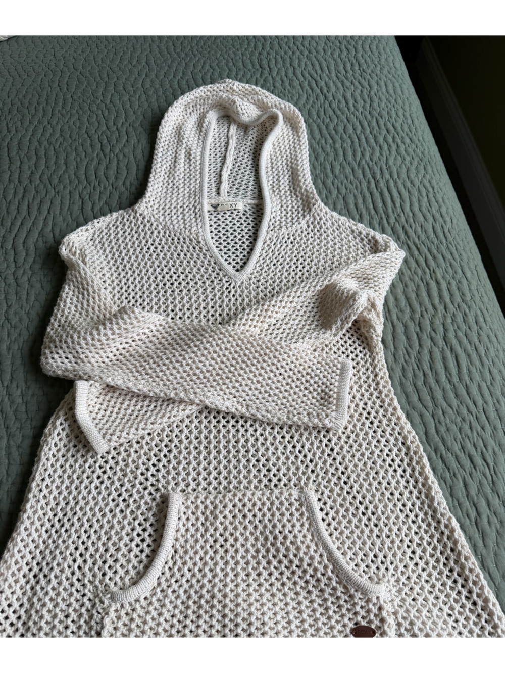Roxy Cream Open-Knit Scoop Neck Hooded Sweater